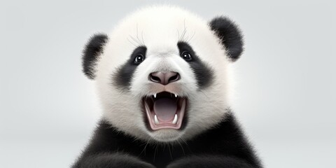 Close-up view of a panda bear with its mouth wide open. This image can be used to depict the unique...