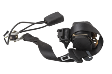 Spare part and interior element black seat belt from a car on a white isolated background. Auto service industry.