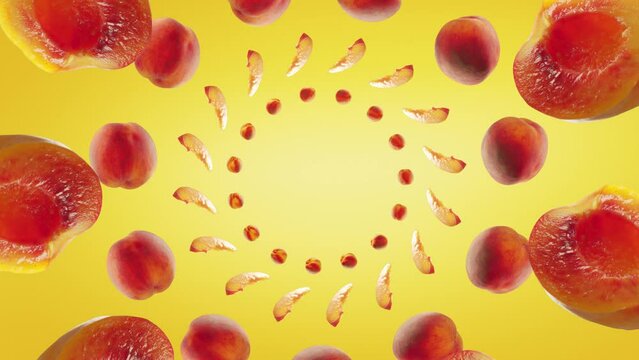 Flying Peach and Peaches slices in Yellow Background