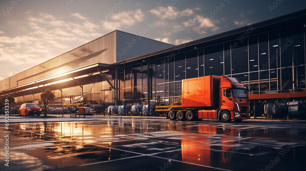 Poster modern logistics center. trucks in the logistics center