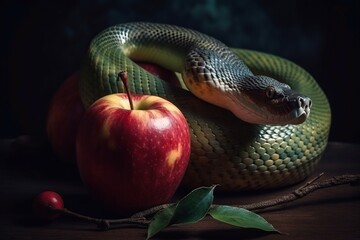Snake alluring apple fruit sin. Ancient paradise tempting devil with forbidden fruit. Generate ai - obrazy, fototapety, plakaty