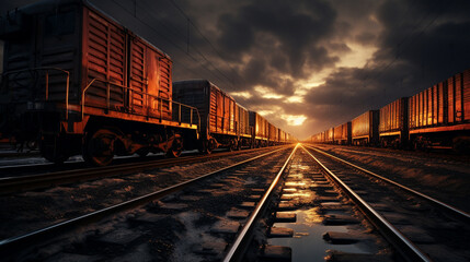 Train moves by rail, delivery of goods by freight train. Train carriages at the station - obrazy, fototapety, plakaty