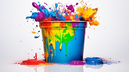 a multicolored bucket, showcasing a beautiful blend of vibrant hues and shades, isolated against a clean white backdrop for a colorful composition.