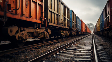 Train moves by rail, delivery of goods by freight train. Train carriages at the station