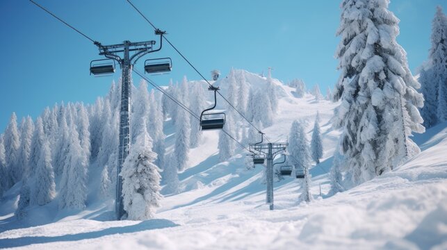 A ski lift ascending the side of a snow covered mountain. Perfect for winter sports and mountain adventure concepts