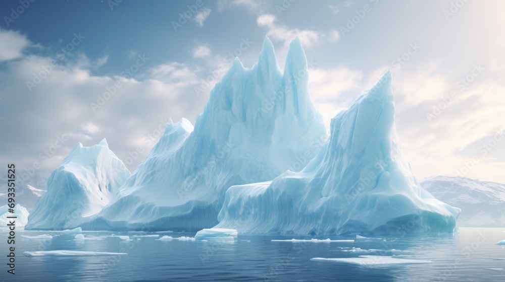 Poster An image of an iceberg floating in the middle of a body of water. Can be used to represent the beauty and power of nature