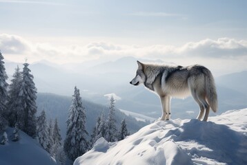 Wild wolf on snowy mountain top. Polar wildlife frosty nature grey predator. Generate ai