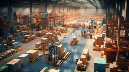 Retail Warehouse full of Shelves with Goods in Cardboard Boxes, Workers Scan and Sort Packages, Move Inventory with Pallet Trucks and Forklifts. Product Distribution Logistics Center. Elevated Shot.