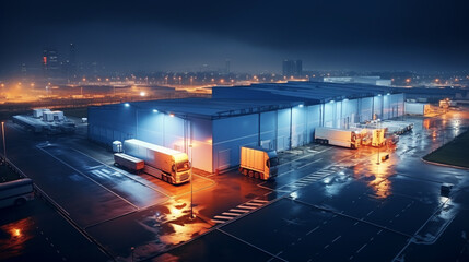 Freight transportation. truck in warehouse distribution center - obrazy, fototapety, plakaty
