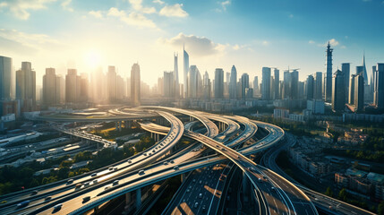 Top view city traffic of highway. road interchange - obrazy, fototapety, plakaty