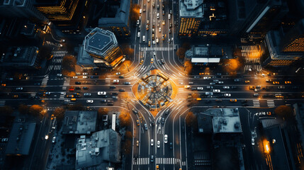 Aerial drone photo of multilevel bridge highway road interchange passing near urban residential area during rush hour
