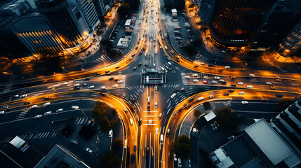 Aerial drone photo of multilevel bridge highway road interchange passing near urban residential area during rush hour - obrazy, fototapety, plakaty