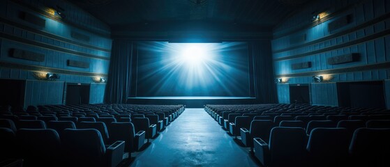 Empty cinema hall with open screen ready for audience. Entertainment and cinema. - obrazy, fototapety, plakaty