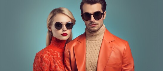 Stylish pair in retro attire and shades posing for camera on grey background, banner