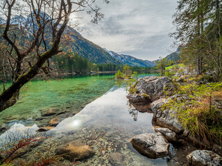 Bavarian Autumn Lake scene with crystal clear water reflections 