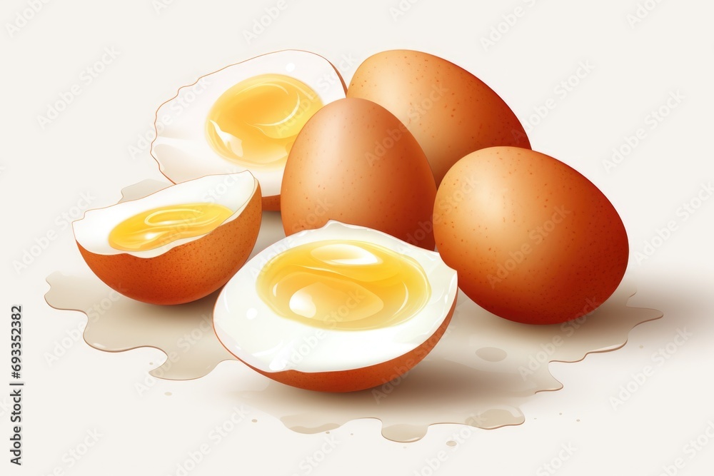 Poster a group of eggs sitting on top of a table. perfect for food and cooking-related projects