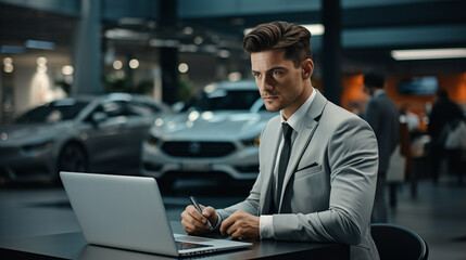 car seller in suit in car salon.
