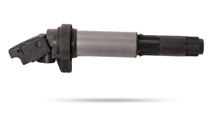 Black ignition coil for engine, isolated on white background. Spare parts for vehicle repair in garage.