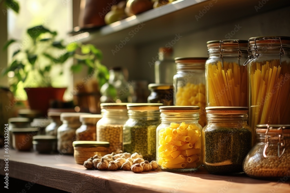 Poster A collection of food jars neatly arranged on a shelf. This versatile image can be used to showcase various food products or to represent organized storage