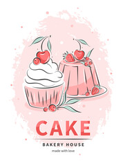 Desserts, pastry dishes, cake, cupcake. Cake shop. Vector illustration for menu, recipe book, baking shop, cafe.
