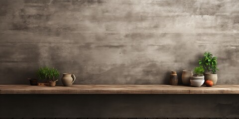 Mock kitchen interior with an empty podium and rustic wall background for design and product display.