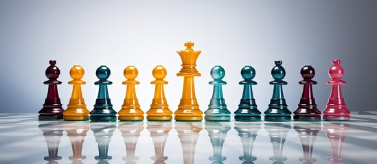 Innovative leadership and unique business concepts strategize organizational creativity. The chess pieces are spread out on the ground and colored differently. - obrazy, fototapety, plakaty