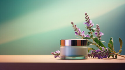 Cosmetic cream jar on a light mint green gradient woodtone background surrounded by violet flowers concept natural cosmetics skincare copy space flower cosmetology aroma care aromatic alternative body