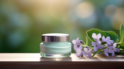 Cosmetic cream jar on a light mint green gradient woodtone background surrounded by violet flowers concept natural cosmetics skincare copy space flower cosmetology aroma care aromatic alternative body
