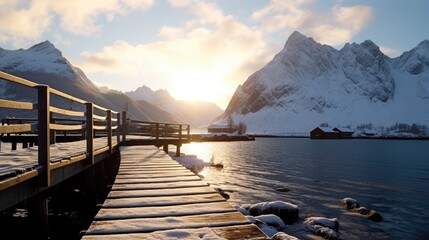 Obraz premium A picturesque wooden bridge spanning a body of water with majestic mountains in the background. This image captures the serene beauty of nature. Ideal for travel and landscape themes