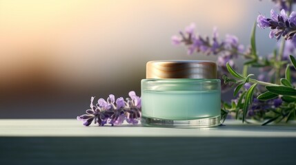 Fototapeta na wymiar Cosmetic cream jar on a light mint green gradient woodtone background surrounded by violet flowers concept natural cosmetics skincare copy space flower cosmetology aroma care aromatic alternative body