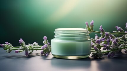 Cosmetic cream jar on a light mint green gradient woodtone background surrounded by violet flowers...