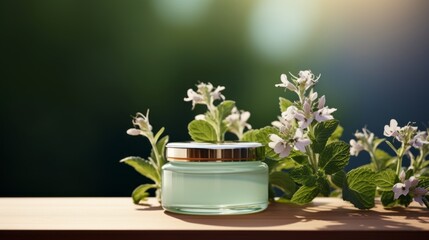 Cosmetic cream jar on a light mint green gradient woodtone background surrounded by violet flowers concept natural cosmetics skincare copy space flower cosmetology aroma care aromatic alternative body