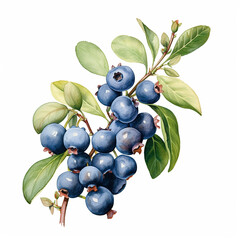 Watercolor blueberry painting with leaves on a white background