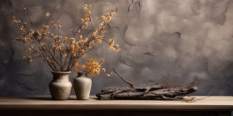 A wooden tabletop with a vase of dry plants as a podium on a stone wall background.