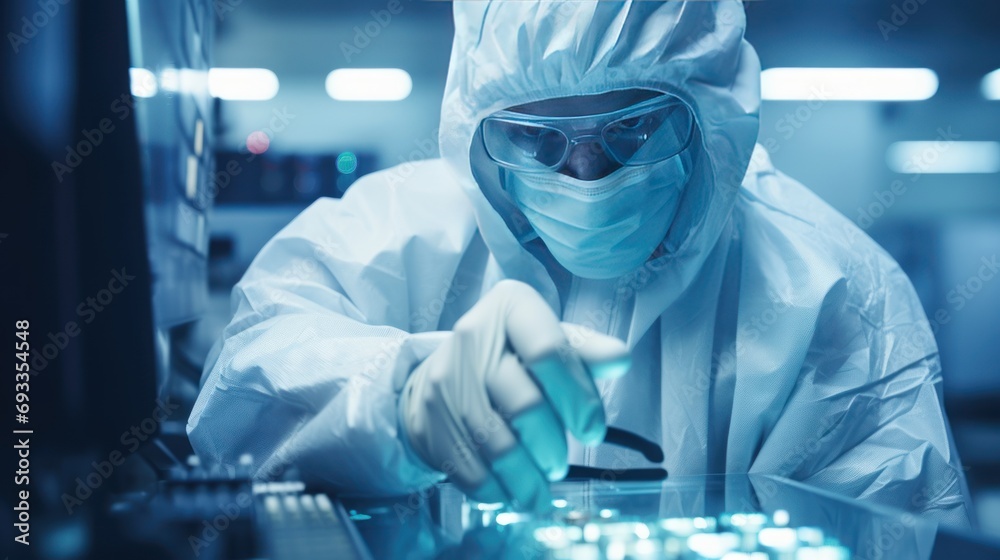 Poster engineer in a sterile gown holds a computer microchip,