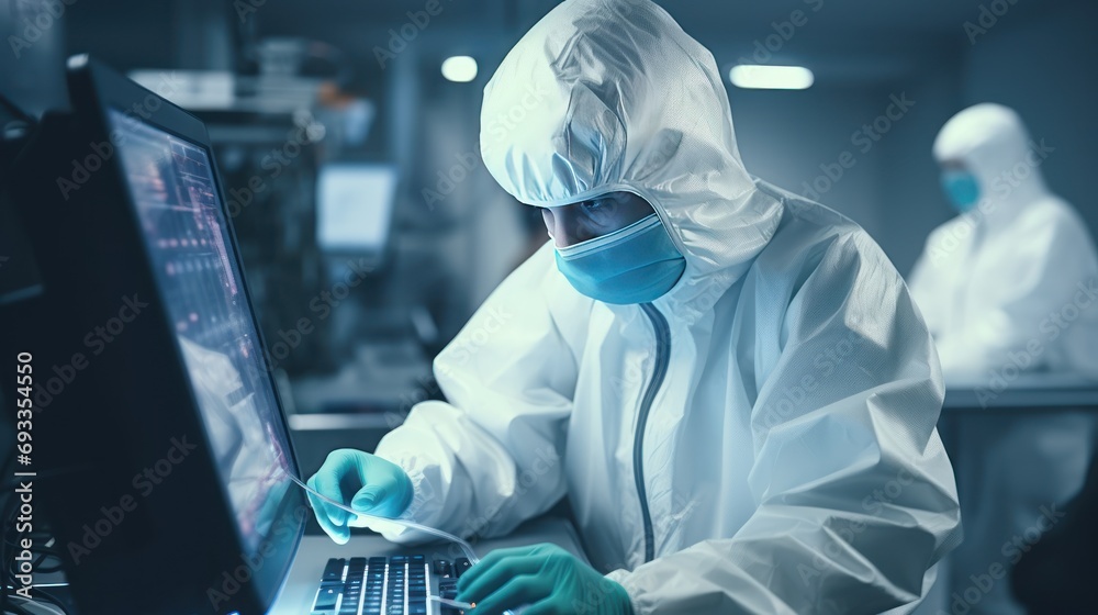 Aufkleber engineer in a sterile gown holds a computer microchip,