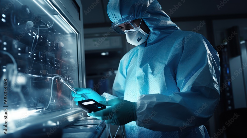 Poster engineer in a sterile gown holds a computer microchip,