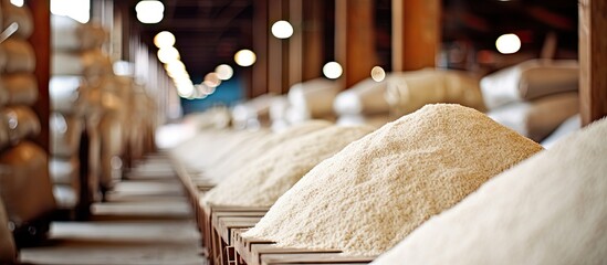 Rice, groats, and flour are processed in a warehouse factory for delivery to consumers. - obrazy, fototapety, plakaty