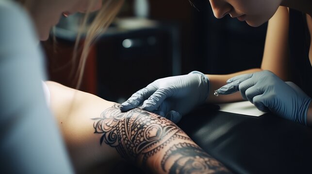 tattoo artist is creating a tattoo on a girl's arm.
