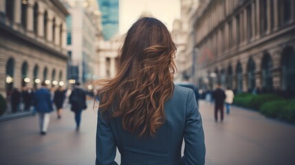 Fototapeta premium Business woman, back view of young woman standing in the city