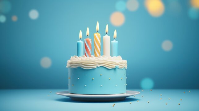 happy birthday template Birthday greeting card with cute 3D cake and candles on blue background for birthday party, banner, flyer, advertisement.
