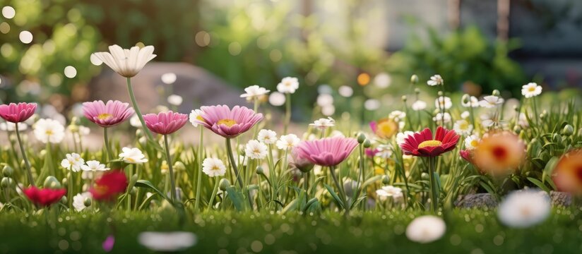 Tulips and daisies in the garden in spring