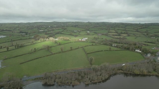 Scenic Aerial View Of Rural Green Fields In County Cavan, Ireland.