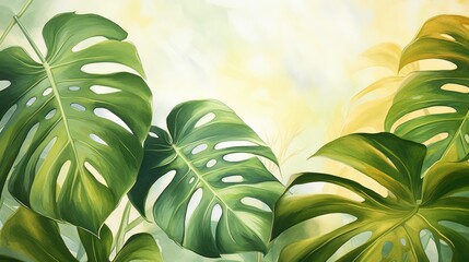 Watercolor background with green gold and elegant nature Golden leaf philodendron with monstera plant art - obrazy, fototapety, plakaty