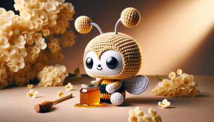 Cute Crochet Bee with a Jar of Honey