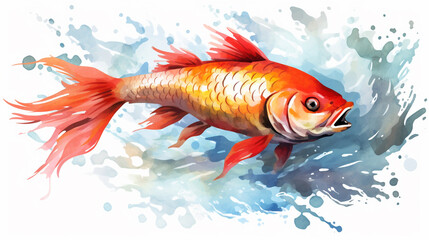 A carp in the water of a river, watercolor clipart style