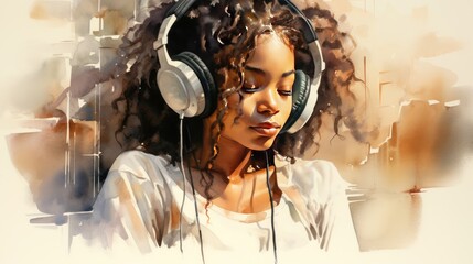 Watercolor illustration of black girl listening to music with a pair of headphones.