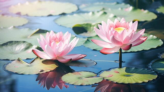 Watercolor beautiful pink lotus in the pond