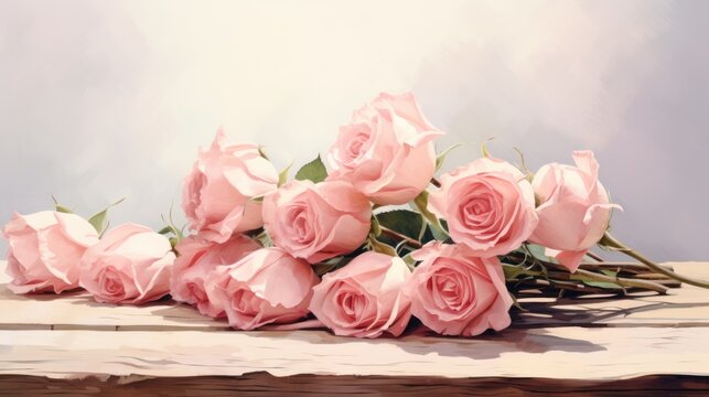 Watercolor flats lying down pink rose bouquet beige background Ideas for Valentine's Day