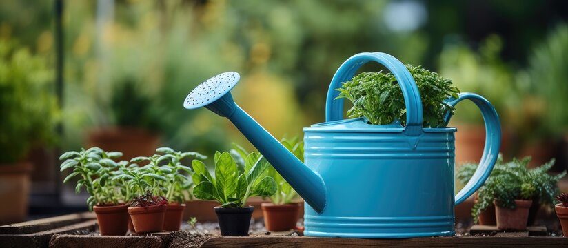 Shallow depth of field showcases blue watering can on an old barrel in garden.